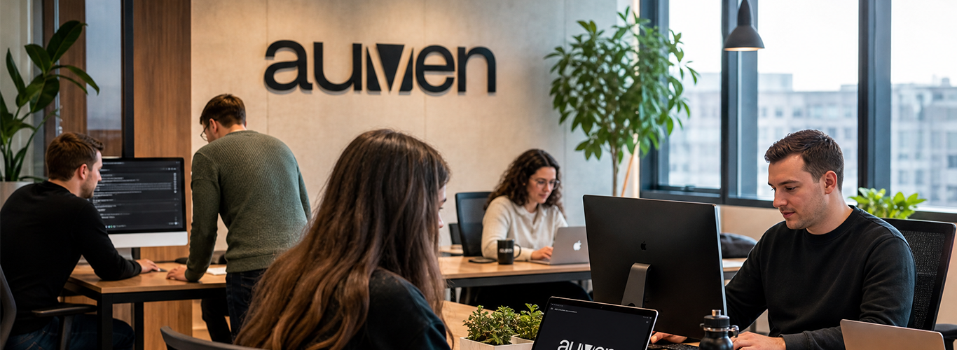 Equipo de Auven trabajando en la oficina